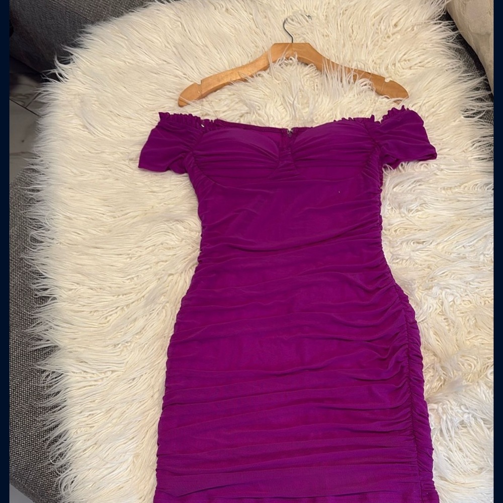 Windsor Pink and Purple Ruched Off-Shoulder Mini Dress